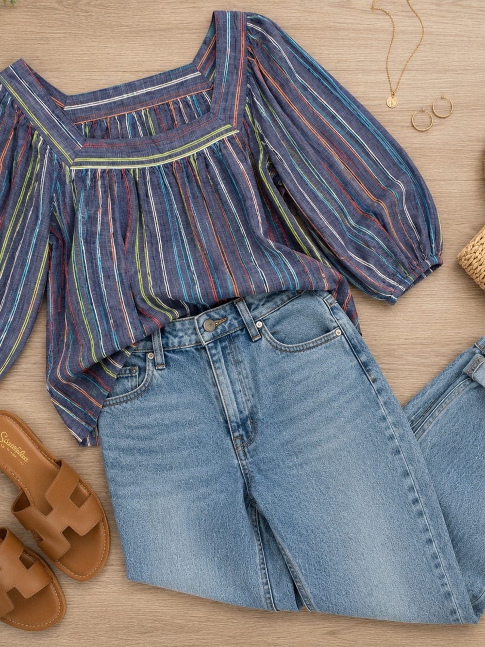 Boho Striped Peasant Blouse Blue Square Neck Puff Sleeve Top Woman's - Picture 4 of 6